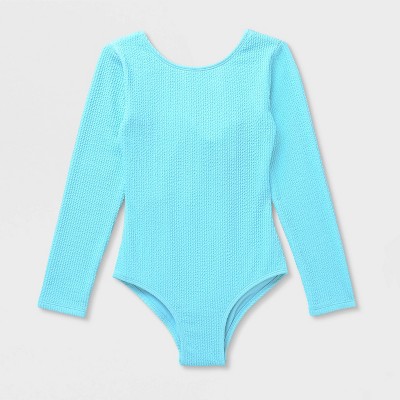 Cat & Jack Girls' Crinkle Ribbed Long Sleeve One Piece Swimsuit - Cat & Jack™ Blue L — фото 2