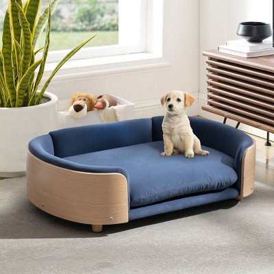 Bulldog Large Size XL Dog Beds With Removable Cover, Velvet Cushion With Solid Wood legs and Bent Wood Back-The Pop Home