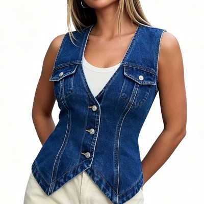 Женские жилеты YesFashion Women Sleeveless V Neck Denim Vest, Button Front Fitted Waistcoat with Flap Chest Pockets Casual Layering Jean Tank Outerwear Deep blue L — фото 4
