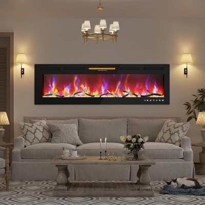 Garvee 60" Black Electric Fireplace, Recessed or Wall Mounted, 1500W/750W, WiFi Alexa Remote, Multicolor Flames, Touch Screen Heater