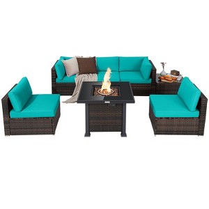 Tangkula Patio Rattan 7PCS Cushioned Chair Set Furniture Set Thick Cushion w/ 50,000 BTU Propane Fire Pit Table Black/Navy/Red/Turquoise/Off White - 1 of 4