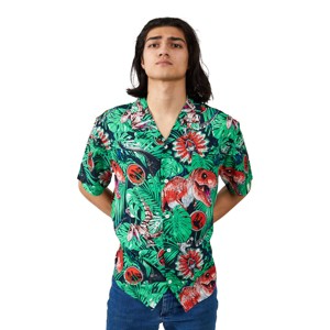 Jurassic Park Dinosaurs & Jungle Foliage AOP Short Sleeve Woven Button-Down Men's Shirt-Large - 1 of 4