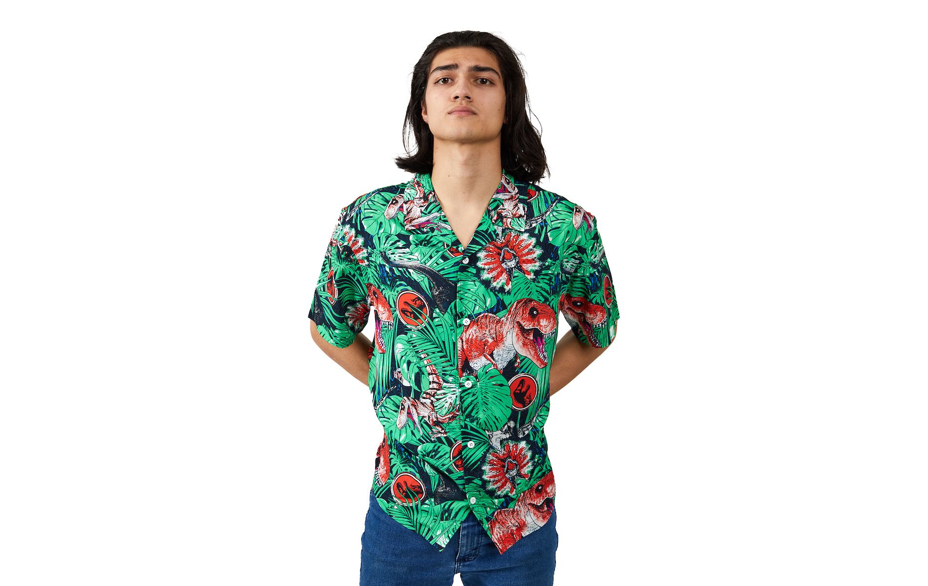 Jurassic Park Dinosaurs & Jungle Foliage AOP Short Sleeve Woven Button-Down Men's Shirt-XL