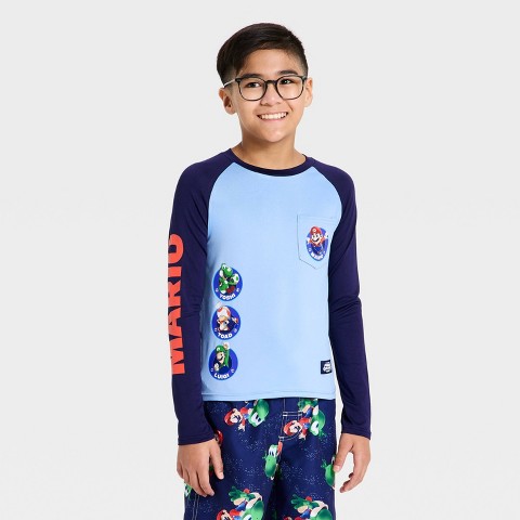 Nintendo Boys' Nintendo Super Mario Brothers Long Sleeve Rash Guard Top - Navy Blue/Blue XL