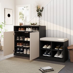 KWPZQEB Shoe Cabinet with Bench, Entryway Bench w/ Doors & Adjustable Shelves, Unique L-Shaped Bench Cabinet w/ Removeble Cushion for Hallway - 1 of 4