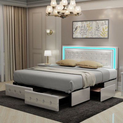 CAVINAS Full/King Size Modern Platform Bed Frame with LED Lights Headboard & 4 Storage Drawers,No Box Spring Needed