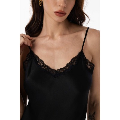 SilkSilky Women's Pure Silk Lace Trim Split Hem Chemise Nightgown