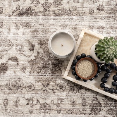 Gray Floral Synthetic Short Pile Rectangular Rug