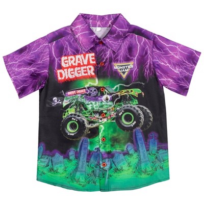 Monster Jam Trucks Grave Digger Little Boys Button Down Shirt Purple/Green  7-8