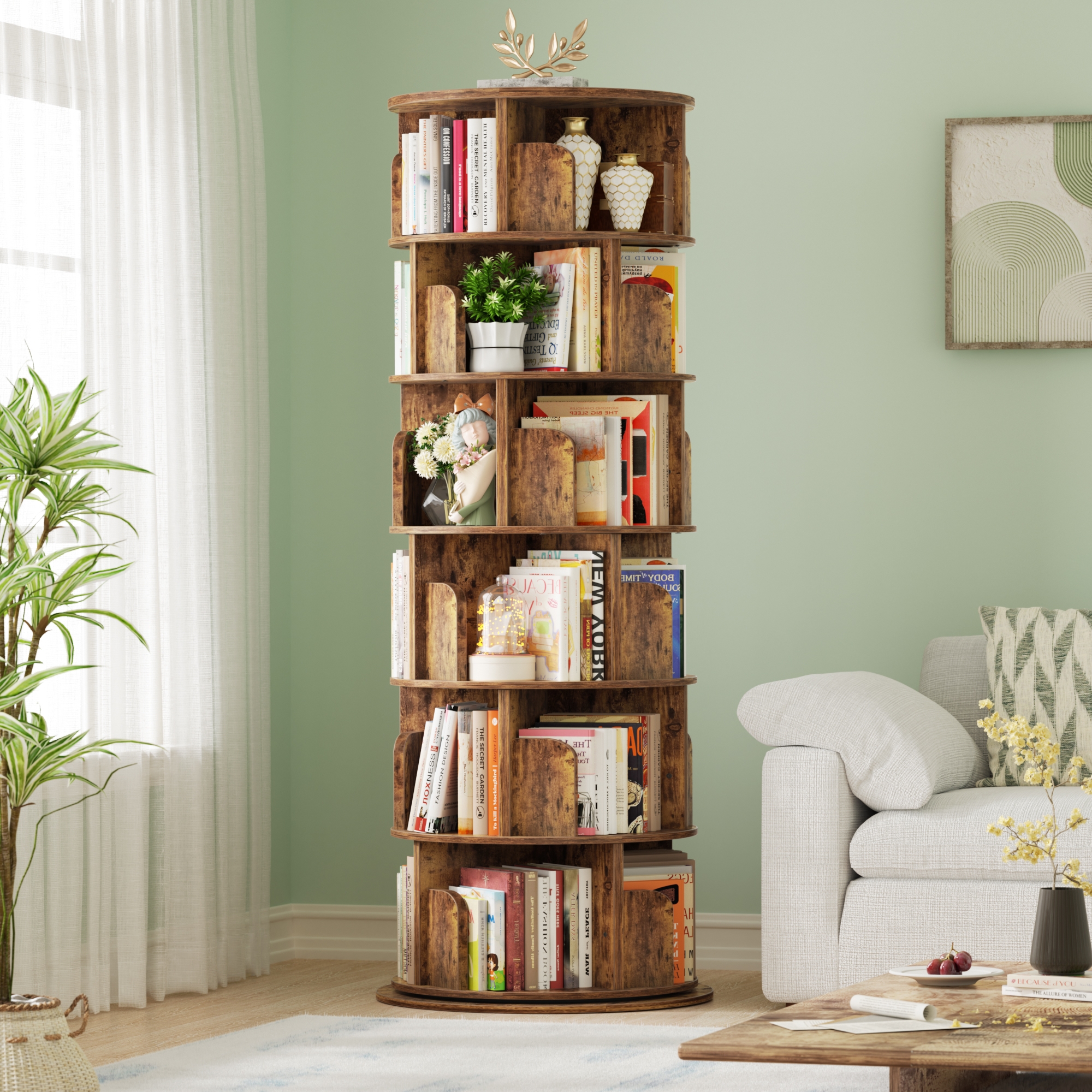 Besiost Rotating Bookcase, 360 Display Corner Bookshelf for Small Space-Brown