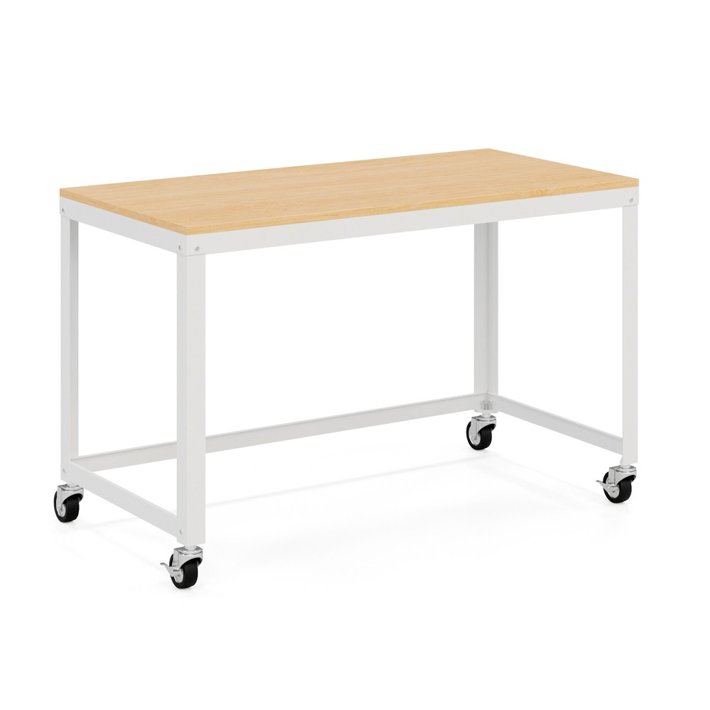 Photos - Office Desk 48" Wide Mobile Metal Desk for Home Office with Maple Top White - Space So