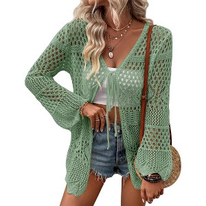 Women's Crochet Cardigan Light Weight Long Sleeve Tie Front Hollow Out Thin Cardigan - 1 of 4