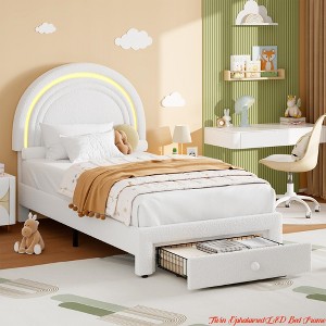 Twin Upholstered Bed Frame - w/ Storage Drawer and Rainbow Headboard, Berber Fleece Princess Platform Bed for Kids - 1 of 4