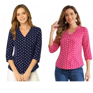 INSPIRE CHIC Women's Polka Dots 3/4 Sleeve Casual Button Front Shirt 2 Pieces - 1 of 4