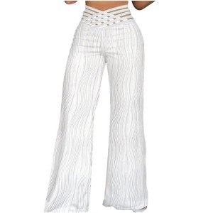 Coolmee Women's Solid Casual Hollow Mesh High Waisted Wide Leg Pants Elastic Waist Loose Pants - 1 of 4