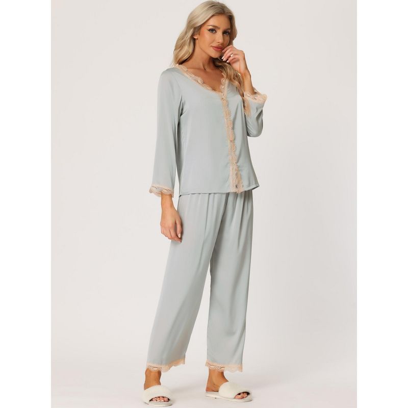 cheibear Women's Satin Lounge Sleepwear Night Suits V Neck Lace Trim Pajama Sets, 2 of 6