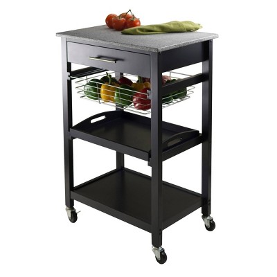 Transitional Julia Granite Top Black Kitchen Cart with Storage