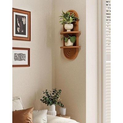 ACEPANO Modern Wall-Mounted Double-Tier Wooden Plant Stand for Bedroom & Living Room-Brown