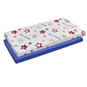 Everyday Kids 2 Pack Baby Cradle Sheets – 100% Cotton, Soft, Breathable, Fits Most Cradles – Jungle Animal Sports & Solid Blue Designs - 1 of 4