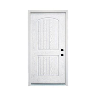 36 in. x 80 in.2-Panel Plank Arch Top Left Hand Inswing Primed Smooth White Fiberglass Knock Down Front Exterior Door with Door Jamb