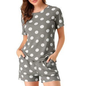 Allegra K Women's Cute Round Neck Short Sleeve Polka Dots 2 Pc Pajama Set - 1 of 4