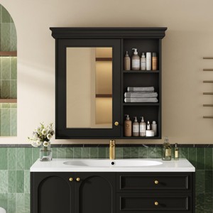 SEVOBAL Bathroom Storage Cabinet 30'' x 28'' Wall Mounted Medicine Cabinet with Mirror Adjustable Shelves Organizer, Black, 30.07"*7.16"*28.74" - 1 of 4