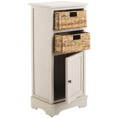 Vintage Grey Pine Wood Accent Cabinet with Wicker Baskets