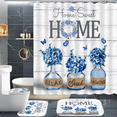 LunaLulinlk Home Sweet Home Blue Hydrangea Polyester Shower Curtain