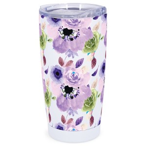 Elanze Designs 20 oz Stainless Steel On the Go Insulated Travel Tumbler With Push Top Lid, Purple Floral Print White - 1 of 4