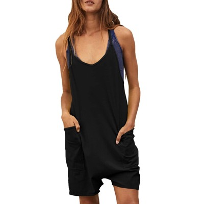Women's U Neck Overall Sleeveless Jumpsuits Spaghetti Straps Romper Loose Fit Athletic Overalls with Pockets