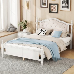 Queen Size Wooden Platform Bed with Upholstered Headboard and Panel Footboard - 1 of 4