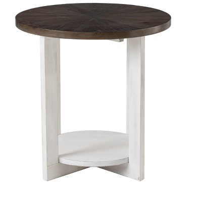JIONJOY Farmhouse Round Coffee Table with Storage Shelf - Rustic Brown Distressed Wood Top & Fir Wood Legs for Living Room