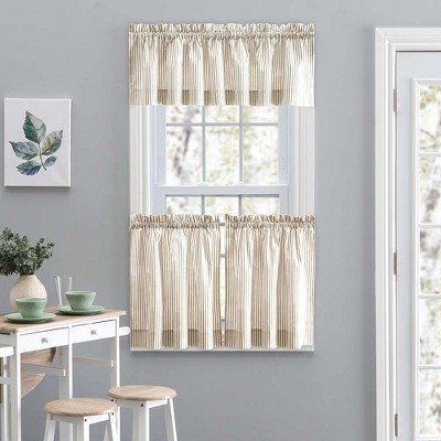 Tan Cotton Polyester Striped Rod Pocket Window Curtain