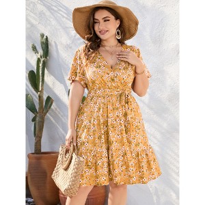 Plus Size V Neck Midi Dress Wrap Short Sleeves High Waisted Summer Casual Belt Dress - 1 of 4