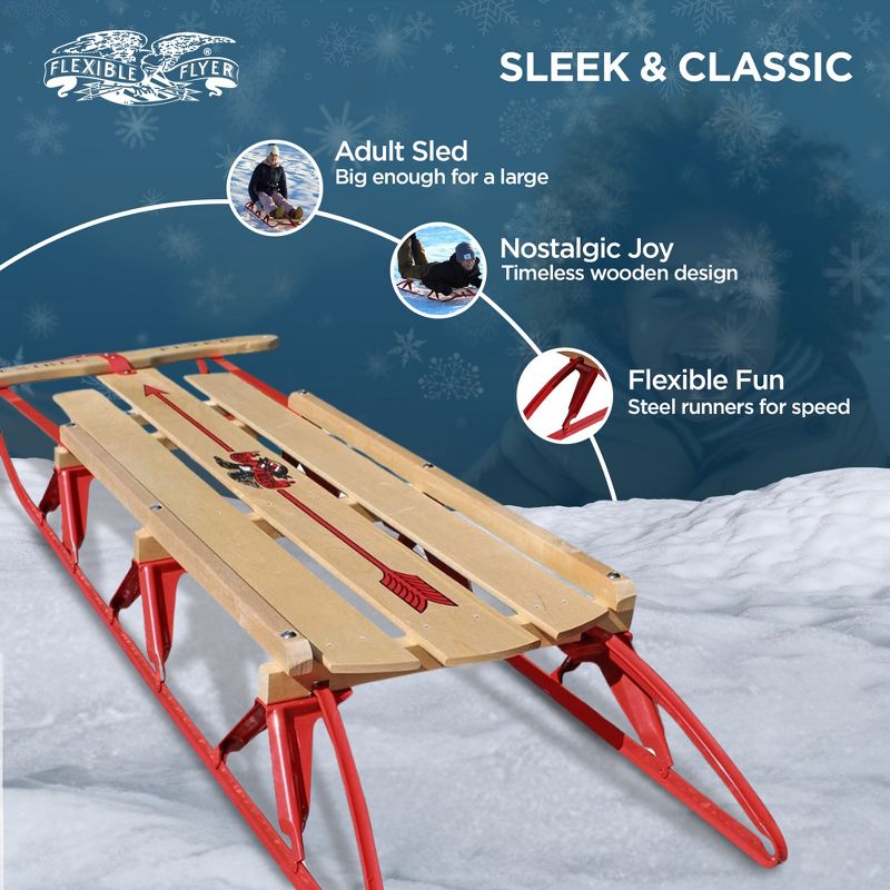 Flexible Flyer 60 Inch Metal Runner Steel and Wood Durable Classic Style Jet Snow Slider Sled for Adult and Kids with Steering Bar, Red, 2 of 7