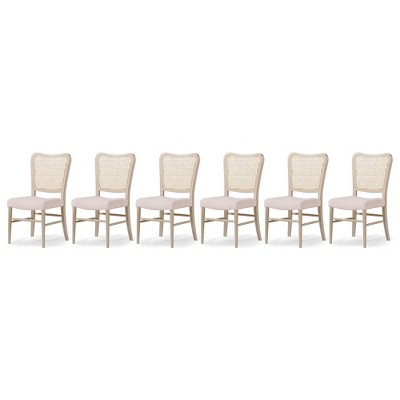 Maven Lane Vera Classical Wooden Dining Chair in Antiqued White Finish with Cream Weave Upholstery, Set of 6