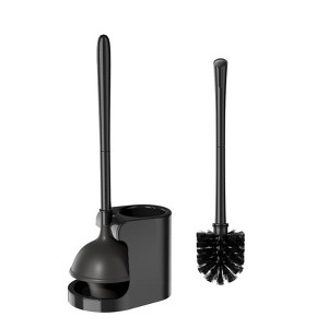 2-in-1 Toilet Bowl Brush Plunger Set with Extended Handle, Toilet Brush Bristle Plunger Combo 1 Set, Black - 1 of 4