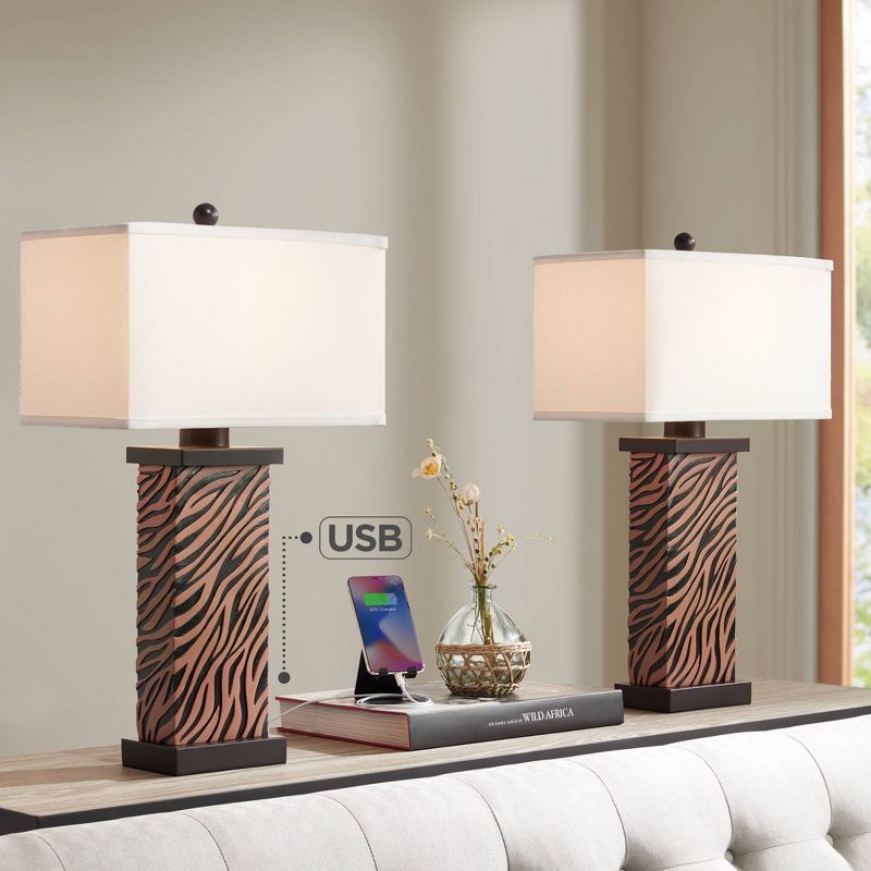 360 Lighting Modern Table Lamps Set of 2 with USB Charging Port 27" Tall Zebra Faux Wood Off-White Fabric Shade for Bedroom Bedside House, 2 of 10