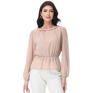 Anna-Kaci Women's Long Sleeve Blouse with Ruffle Neckline and Cinched Waist Detail - 1 of 4