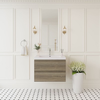 TUYOHW Floating Bathroom Vanity with Sink, Modern Wall-Mounted Bathroom Storage Vanity Cabinet with Resin Top Basin and Soft Close Drawers