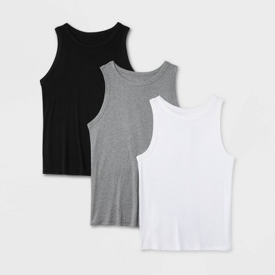 Women's Slim Fit Ribbed 3pk Bundle Tank Top - A New Day™ Black/White/Gray 1X: Cotton Modal Spandex Blend