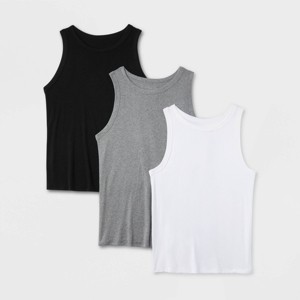 Women's Slim Fit Ribbed 3pk Bundle Tank Top - A New Day™ Black/White/Gray 1X: Cotton Modal Spandex Blend - 1 of 3