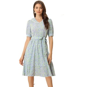 INSPIRE CHIC Women's Vintage Floral Peter Pan Collar High Waist Puff Sleeve A-line Midi Dress - 1 of 4