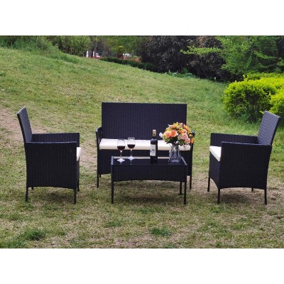 4-Piece Outdoor Patio Set, Rattan Loveseat, 2 Chairs & Glass Table w/ Cushions, For Garden, Poolside, Balcony