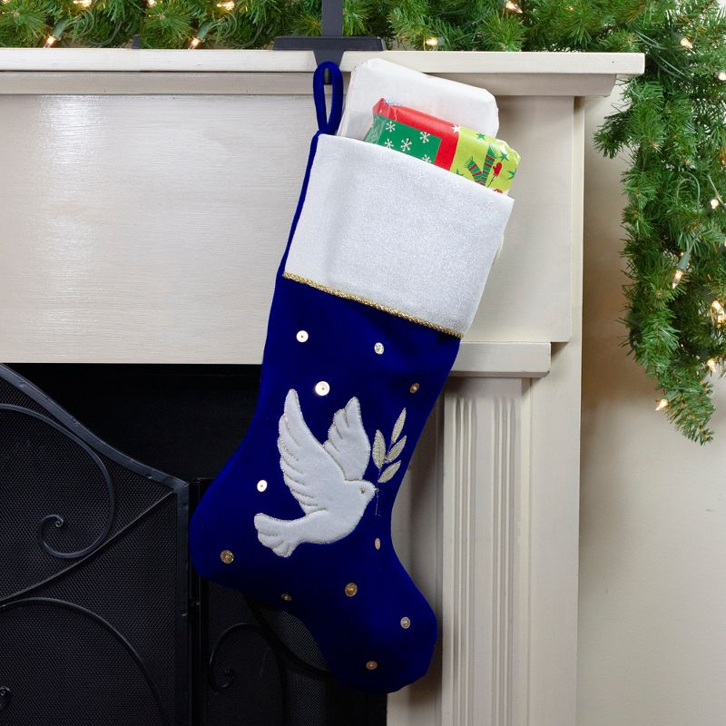 Northlight 20.5" Royal Blue and White Velvet Dove with Olive Branch Christmas Stocking, 2 of 4