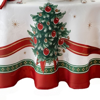 Holiday White and Red Oval Fabric Tablecloth with Christmas Print