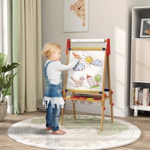 3 in 1 Easel for Kids with Paper Roll, Whiteboard, Chalkboard, Double Sided & Adjustable Height, Nature Wood - 1 of 4
