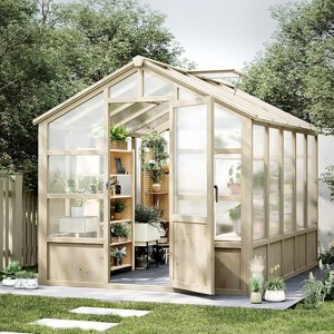 Acekool 8x10FT Cedar Greenhouse - Wood Frame with Polycarbonate Panels & Adjustable Vent - 1 of 4