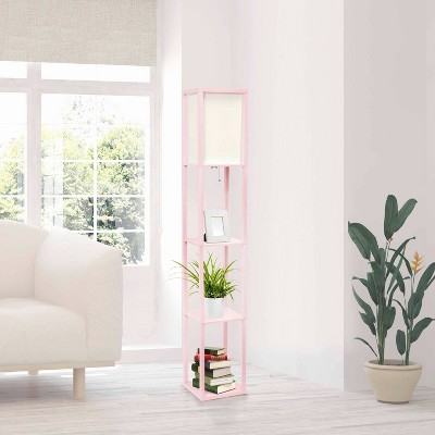 Elegant Light Pink Column Floor Lamp with Linen Shade and Display Shelves