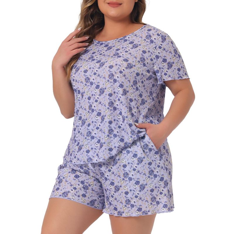 Agnes Orinda Women's Plus Size Ribbed Floral Printed Short Sleeve Pajamas Sets, 2 of 5
